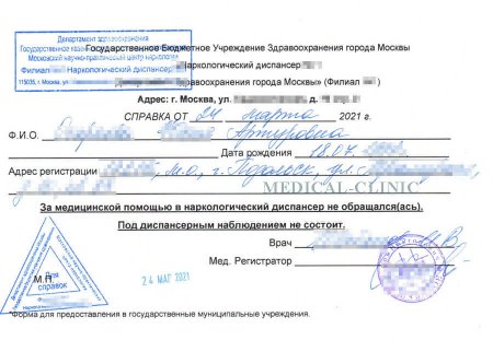 Купить справку из наркологического диспансера в Москвы в день обращения
